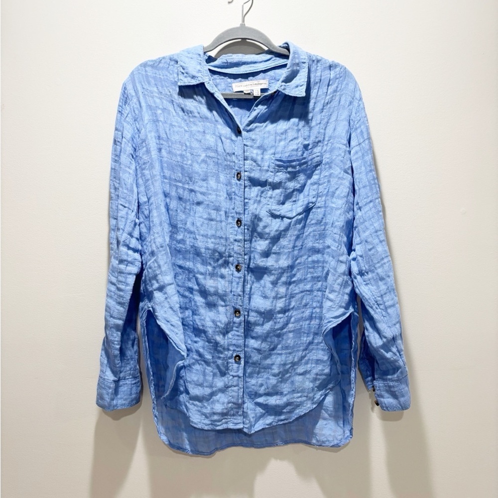 Anthropologie PILCRO Light Blue Button-Down Linen Blend Shirt Gauzy Plaid Sz 8